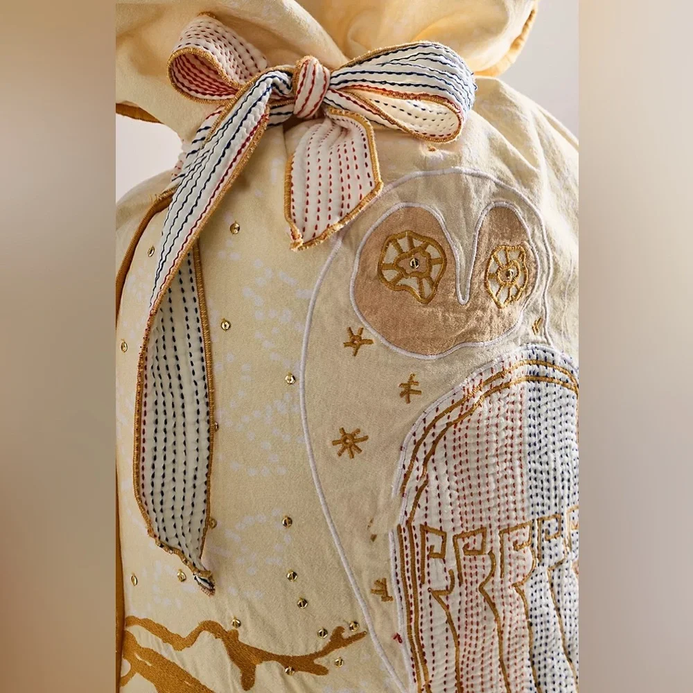 New FP One by Free People Perfect Present Beaded Owl Yellow Gift Sack Bag Sham